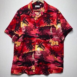 Hawaiian Vacation Sunset Palm Tree Hawaiian Shirt Red Black Size XL